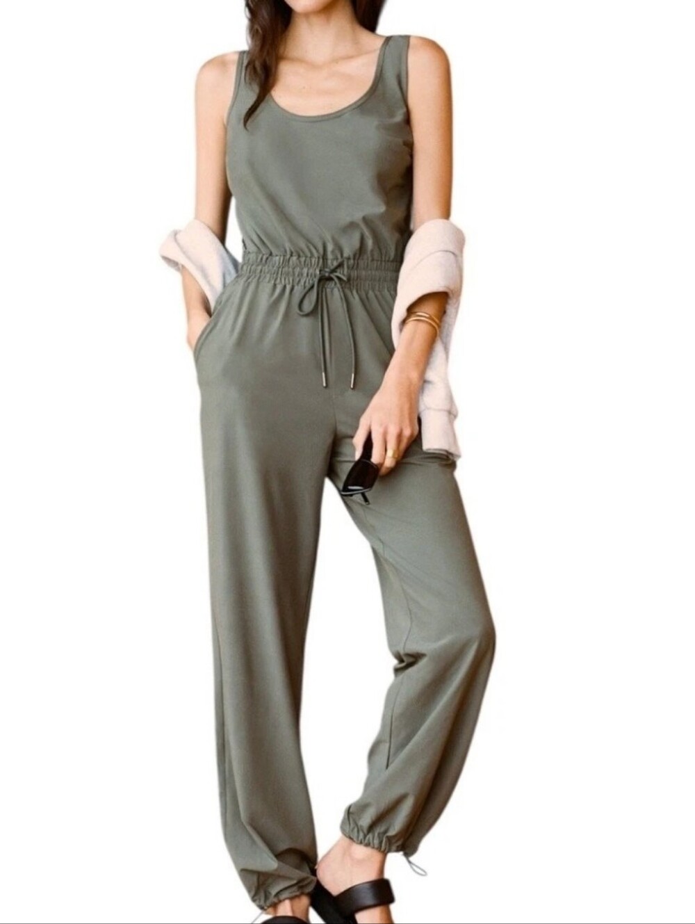 Abercrombie & Fitch Olive Tank Jumpsuit with Drawstring Waist